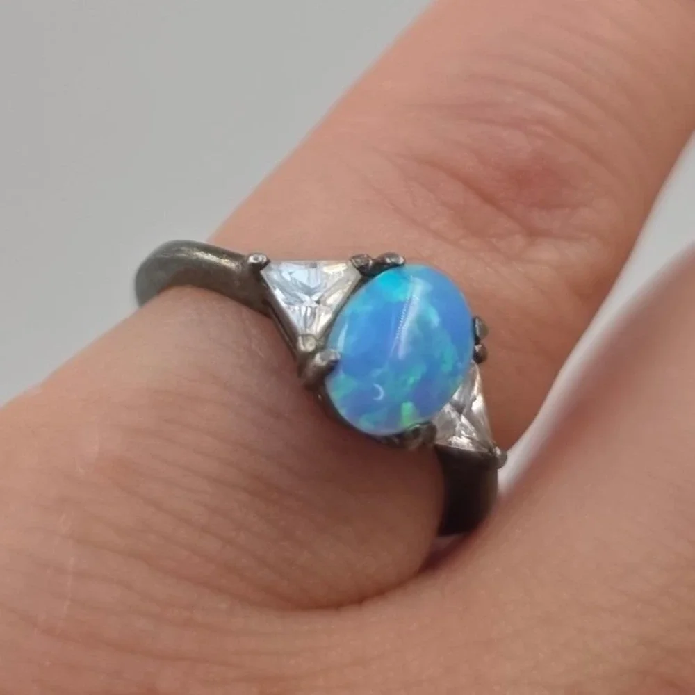 Sterling Silver‎ 925 Blue Opal Trillion CZ Three Stone Ring Size 6.25 Oxidized